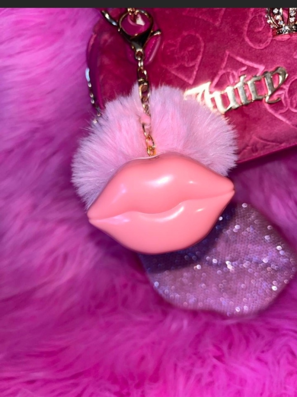 e Pink Lip Pom Pom Keychain Bag Charm